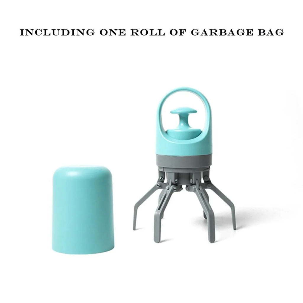 Blue pet pooper scooper with claw design and integrated garbage bag dispenser