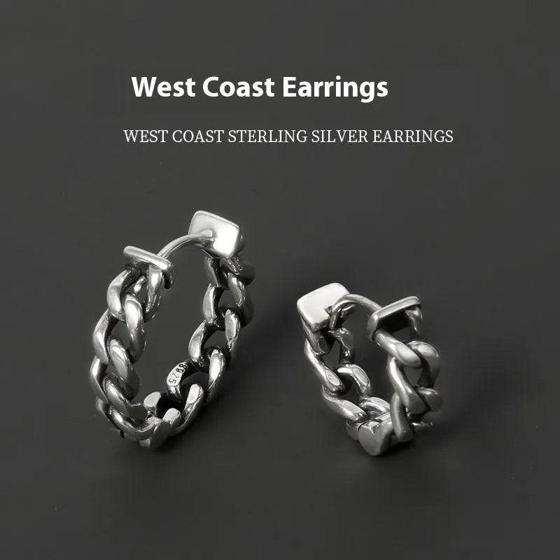 Men's silver-toned geometric copper earrings for hip hop style, shown in 10mm and 14mm sizes.