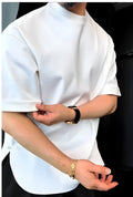 Men's white buttoned round hem T-shirt showing regular fit and short sleeve crew neck design