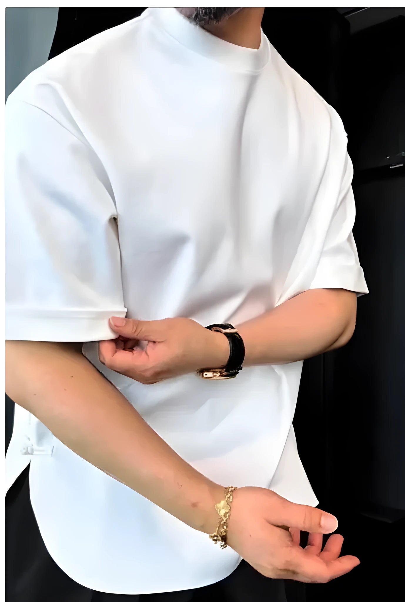 Men's white buttoned round hem T-shirt showing regular fit and short sleeve crew neck design