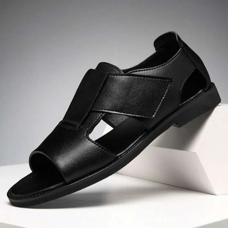 Men's black and brown leather casual sandals with open toe design and rubber sole
