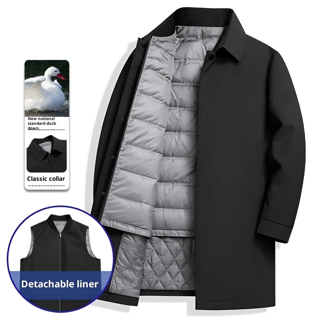 Men's mid-length white duck down jacket in black, thick polyester lining, non-iron, size M to 4XL