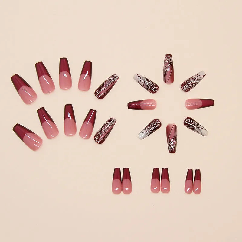 French line pattern fake nails with glue adhesive in simple European and American style