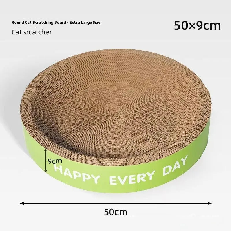 A green, round cat scratching board nest, shown in two size options: 50cm and 55cm diameter.