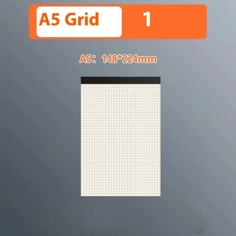 Set of writing pads in A5, B5, and A4 sizes showing blank, grid, and horizontal line page rulings.