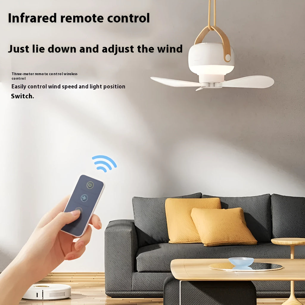 Rechargeable portable ceiling fan with remote control and wire bracket for camping tents