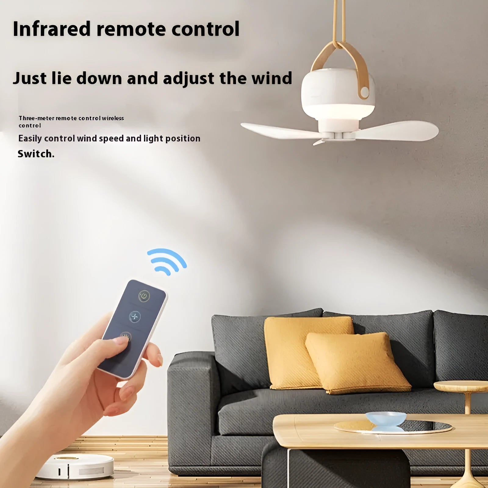 Rechargeable portable ceiling fan with remote control and wire bracket for camping tents
