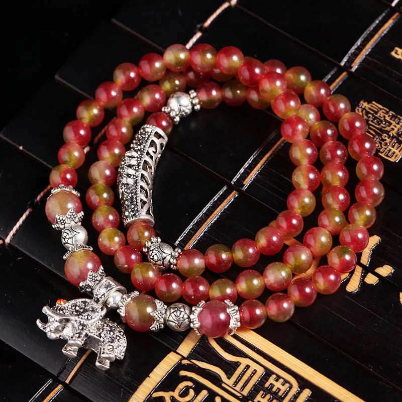 Handmade natural watermelon crystal bracelet with Chinese knot and geometry style design