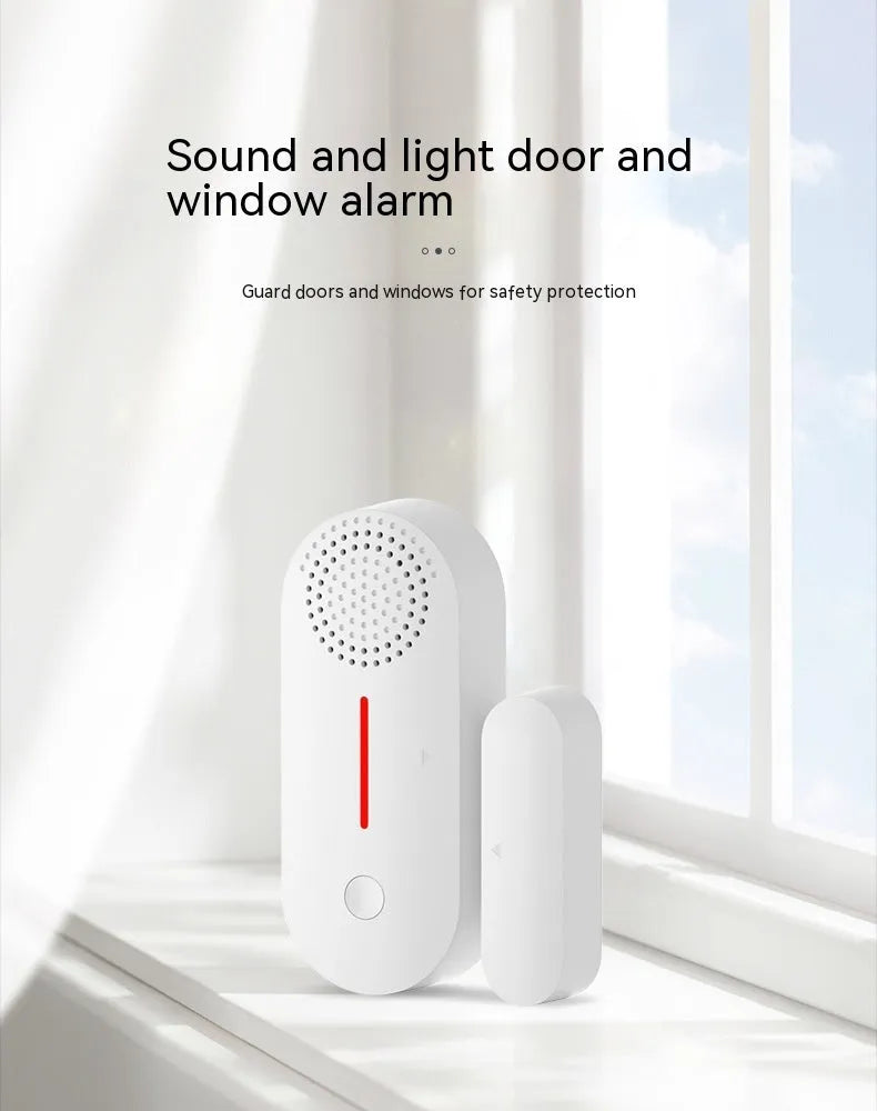 White WiFi door magnetic sensor alarm unit with separate magnetic contact for home security
