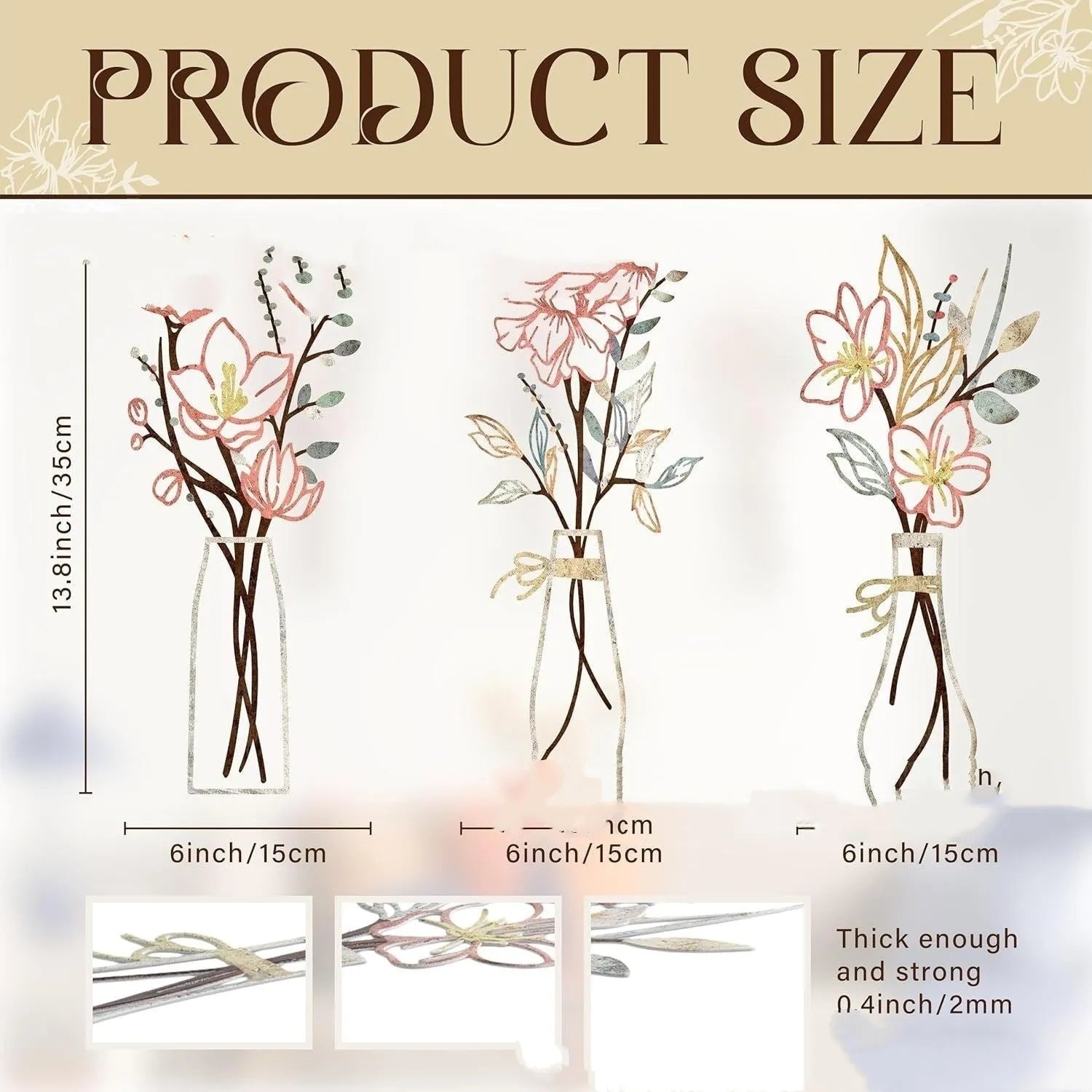 Three metal flowers wall art pieces with vase designs in farmhouse style