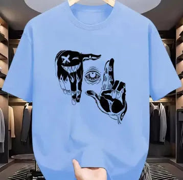 Men's mesh t-shirt with cartoon print design in multiple colour options showing round neck and short sleeves