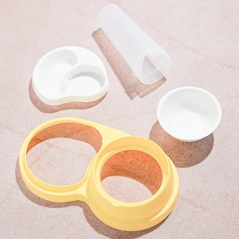 Grey and yellow pet feeding bowl set with dual ceramic bowls, neck protection collar, and stainless steel base