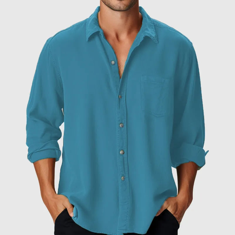 Men's loose-fit beach shirt with stand collar and long sleeves in lightweight polyester fabric