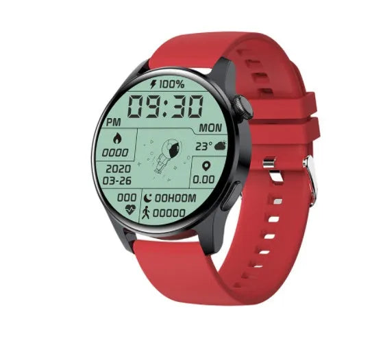 Round screen smartwatch with silicone strap showing heart rate and call functions on display.