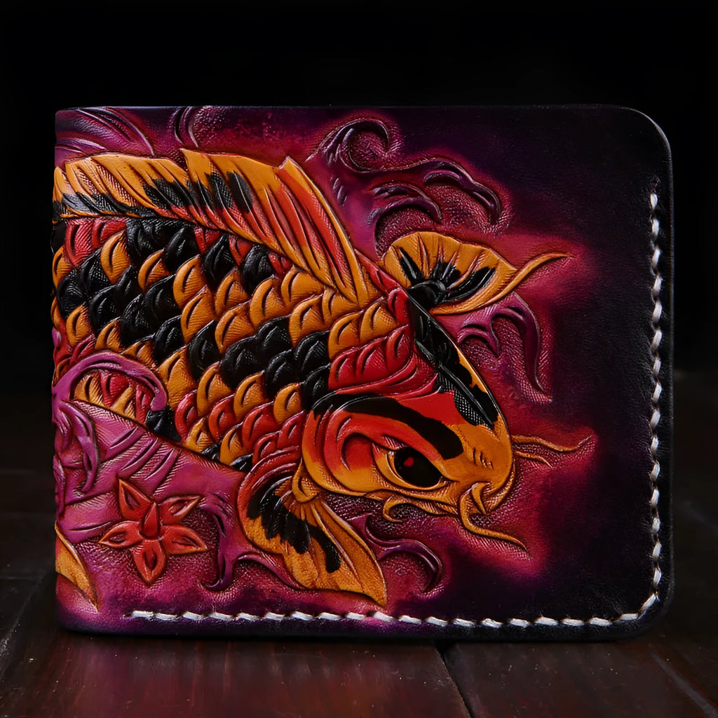 Men's red cow leather short wallet with carving detail, shown next to a ruler showing 10cm width.