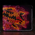 Men's red cow leather short wallet with carving detail, shown next to a ruler showing 10cm width.