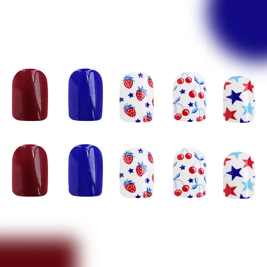 Short glossy false nail stickers with red and blue strawberry cherry design for Independence Day
