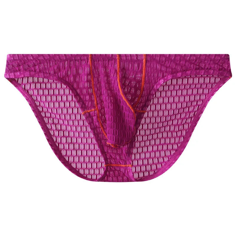 Men's low-waist lace briefs in white, black, green, red, and purple colours laid flat.