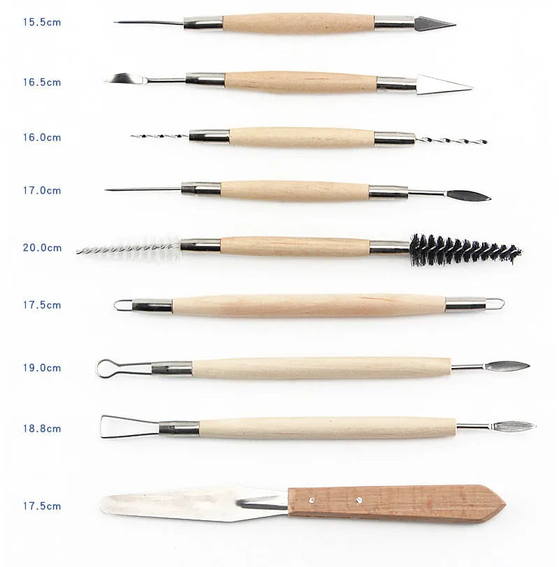 27-piece brown pottery clay tool set with wood, stainless steel and plastic tools rolled in a storage package.