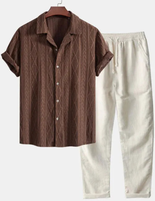 Slim fit camouflage print short-sleeve shirt and trousers casual suit set