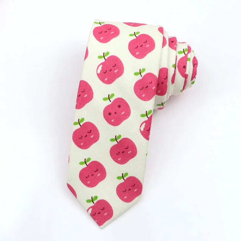 Korean style narrow men's cotton bow tie with a printed cartoon pattern in a selected colour.