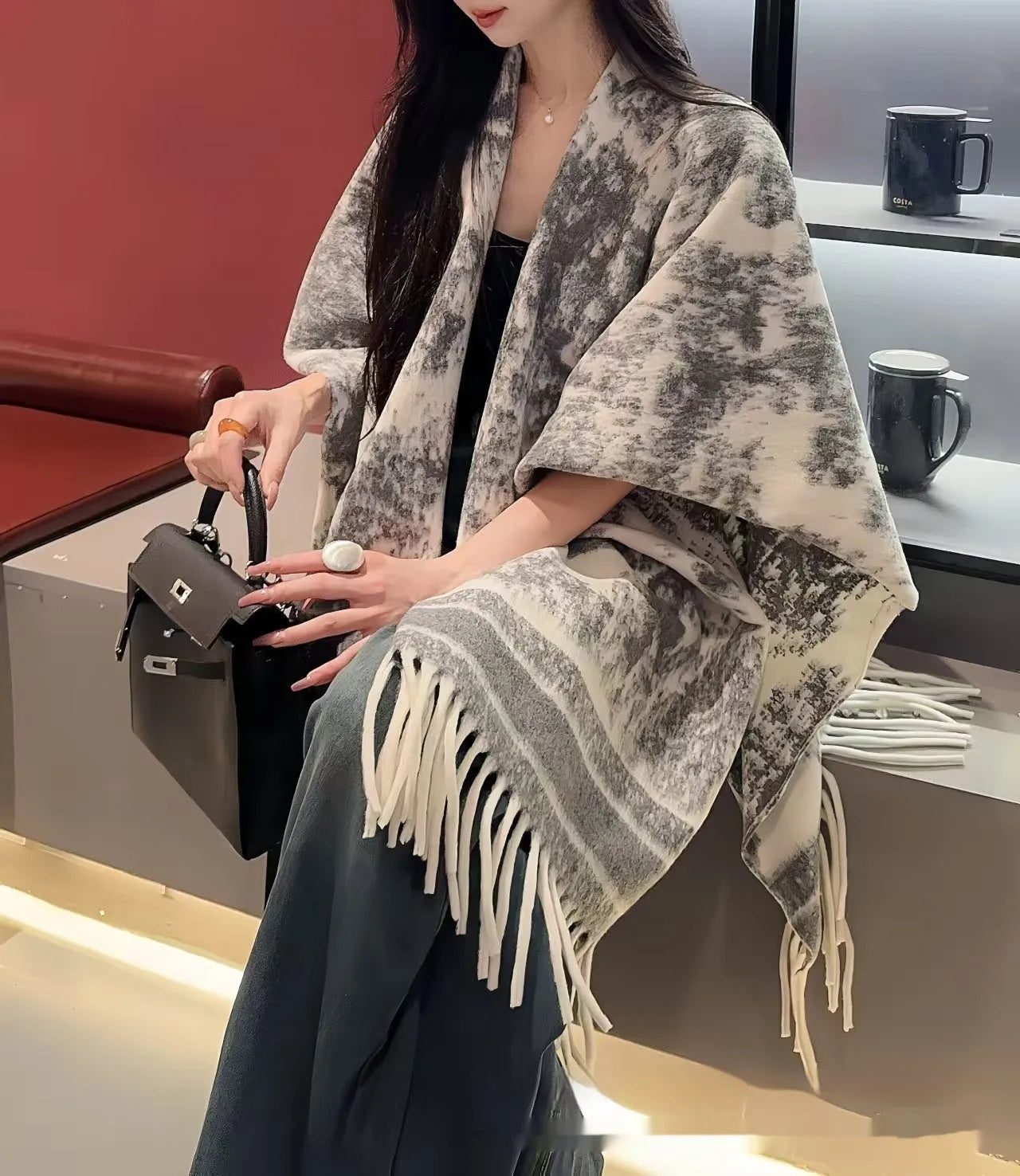 Women's polyester scarf cape with tassel trim in casual shawl style