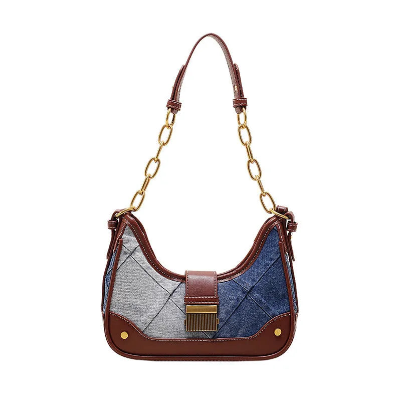 Brown denim women's shoulder bag with diamond mesh and chain details showing internal mobile phone pocket