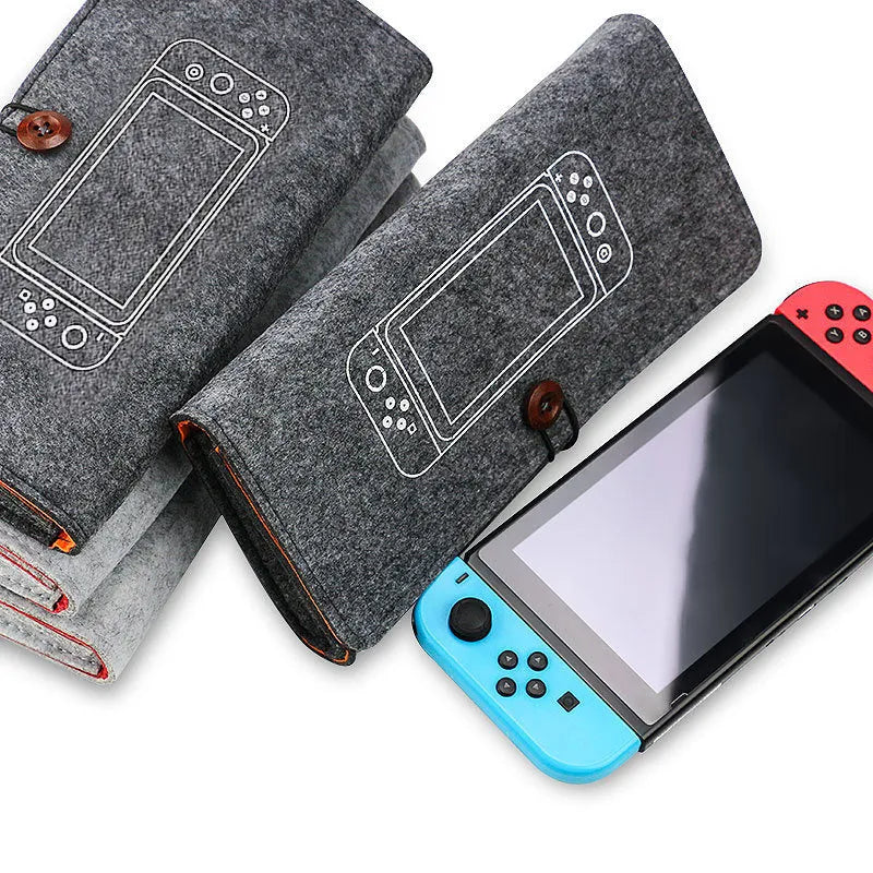 Black felt pouch bag for Nintendo Switch with game card slots and double layer storage compartments