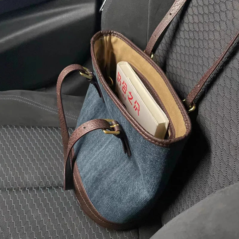 Denim patchwork style large capacity bucket handbag with one shoulder strap
