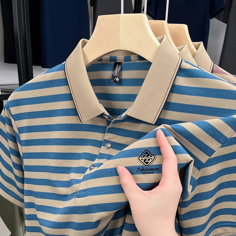 Men's striped casual short sleeve shirt with mosaic pattern detail in polyester fabric