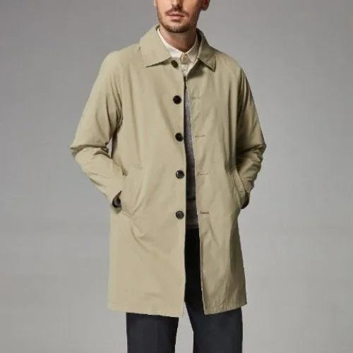 Men's mid-length loose trench coat in thin rabbit fur fabric showing casual styling