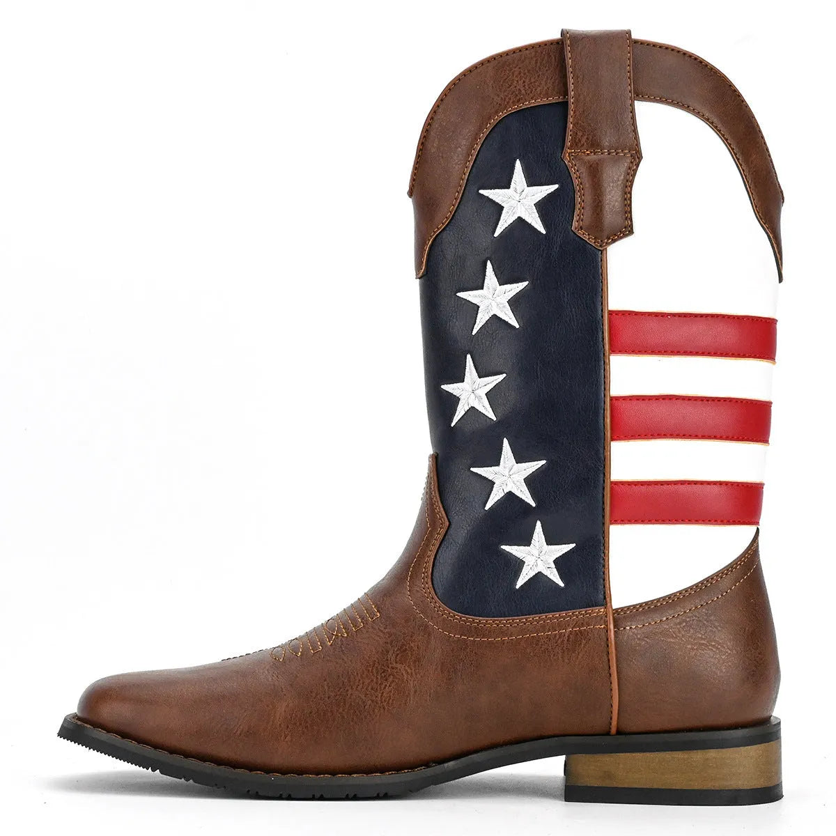 Men's black cowboy boots with a five-pointed star design on the upper and a low square heel.