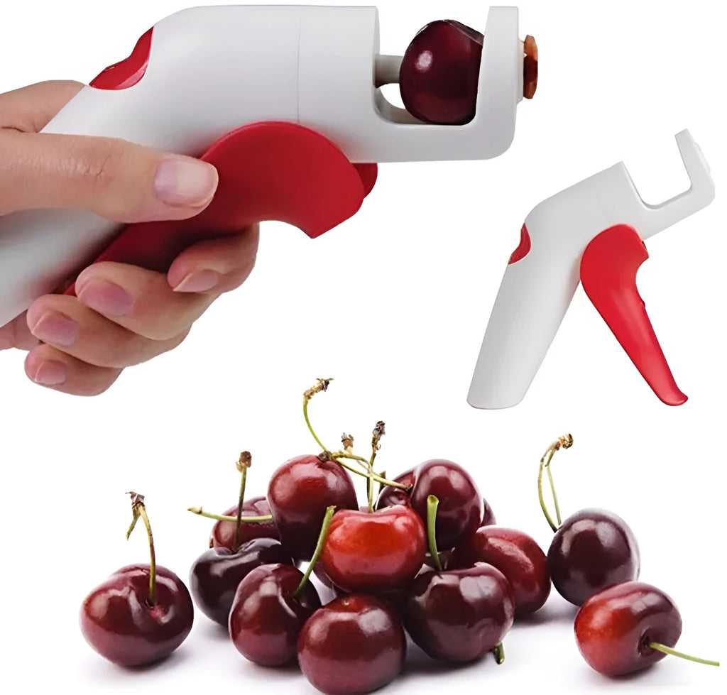 Stainless steel manual cherry kernel remover tool with ergonomic handle and spare pins.
