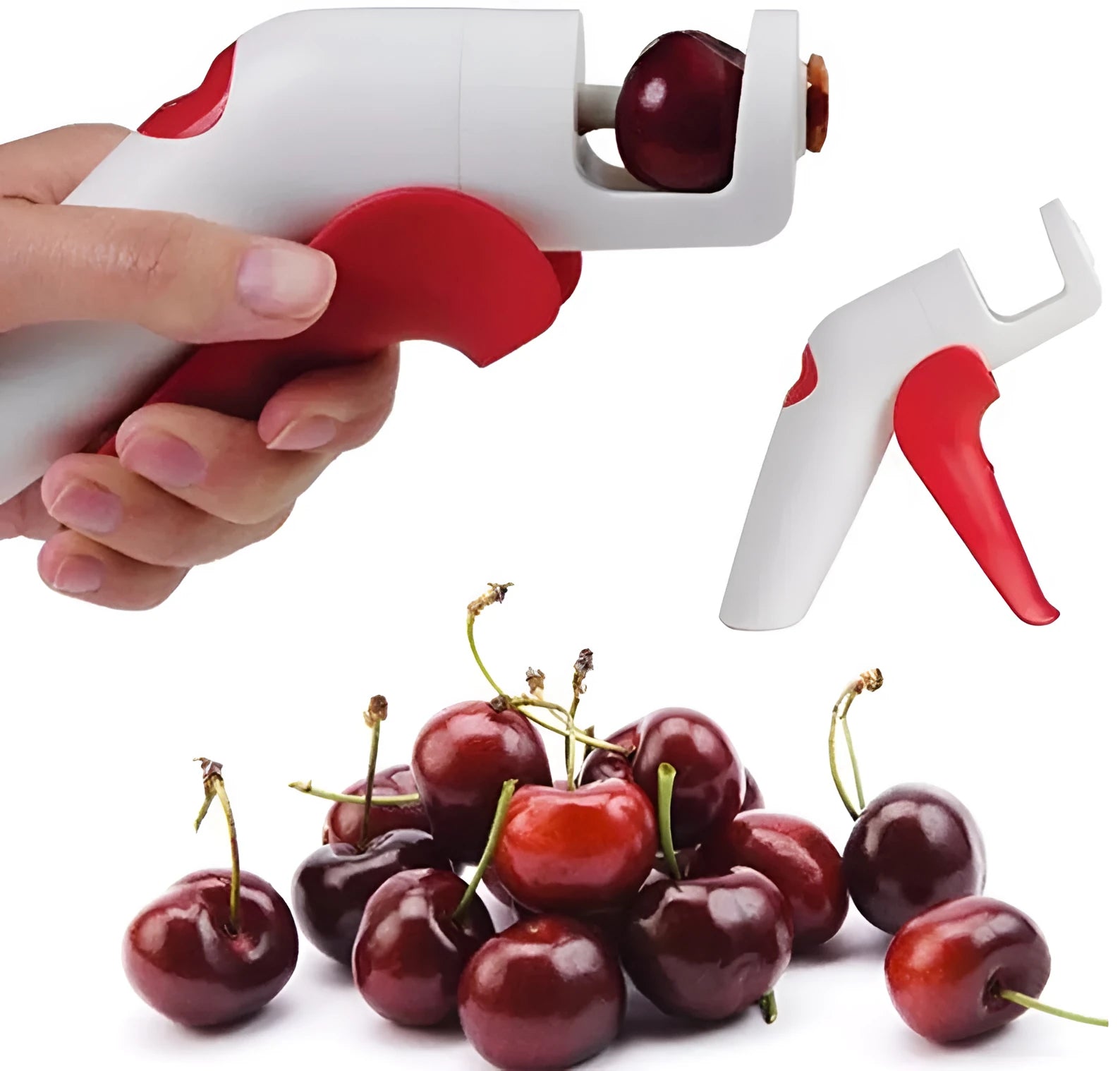 Stainless steel manual cherry kernel remover tool with ergonomic handle and spare pins.