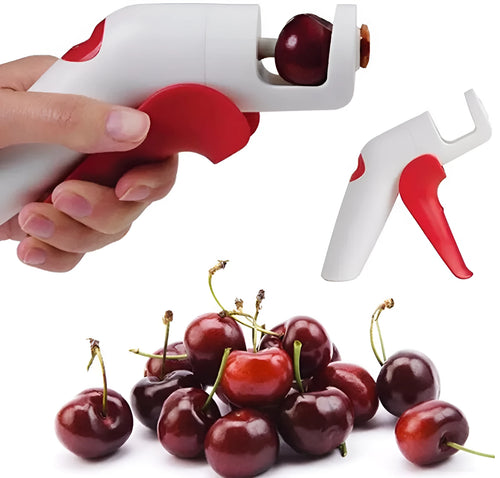 Stainless steel manual cherry kernel remover tool with ergonomic handle and spare pins.