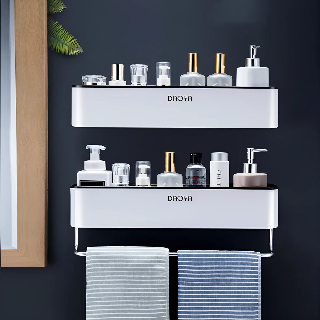 Plastic wall-mounted bathroom shelf with hole-free installation for shampoo and shower gel storage.
