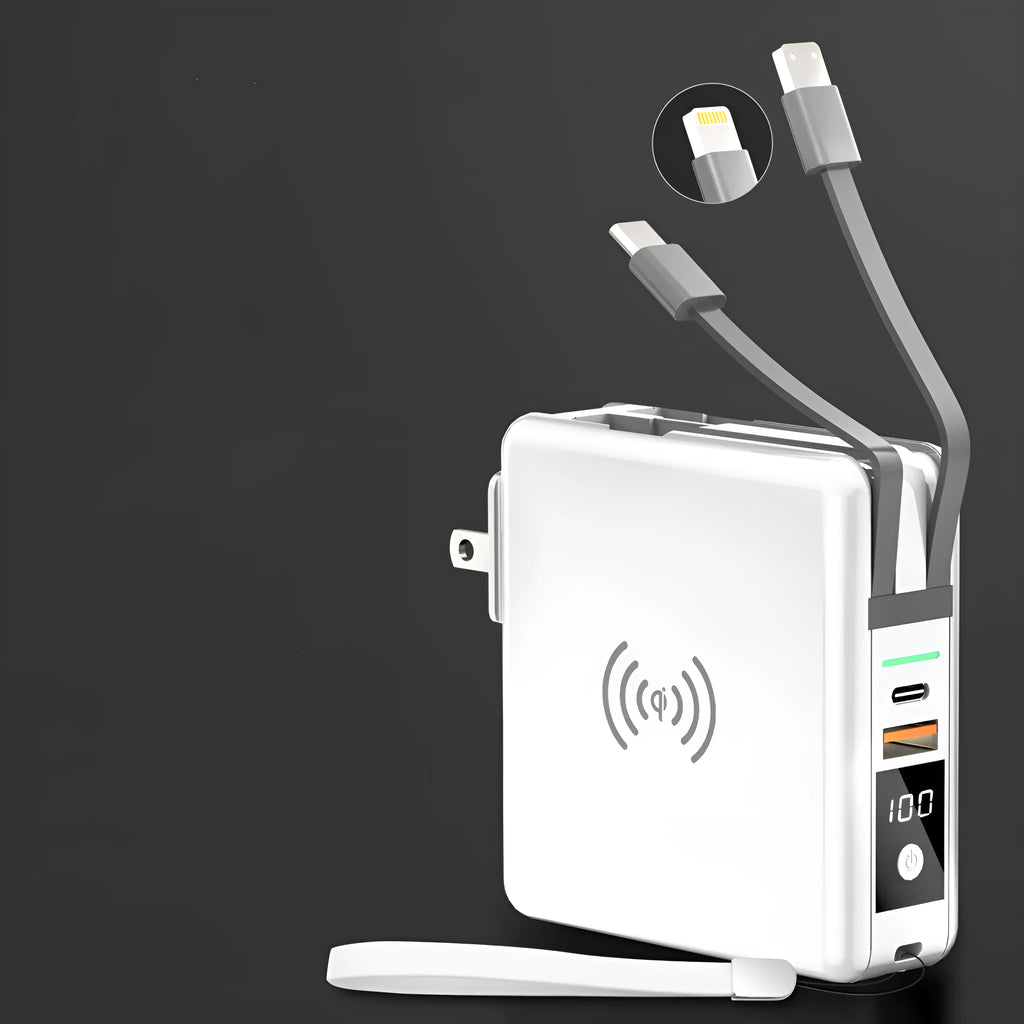 PD20W fast power bank with wireless charging and built-in plug in black or white colours