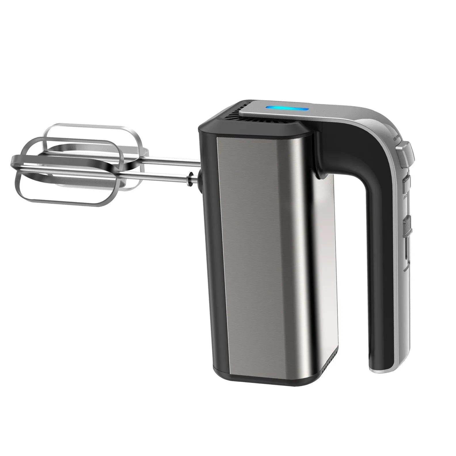 Silver household electric whisk with five speed settings and handheld operation