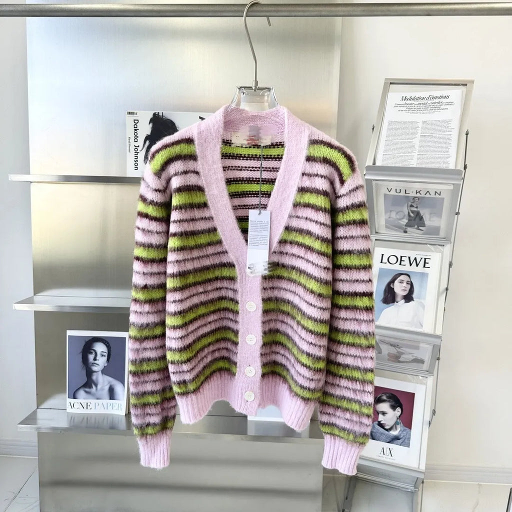 Pink wool knitted cardigan sweater with contrast colour detailing and regular sleeves