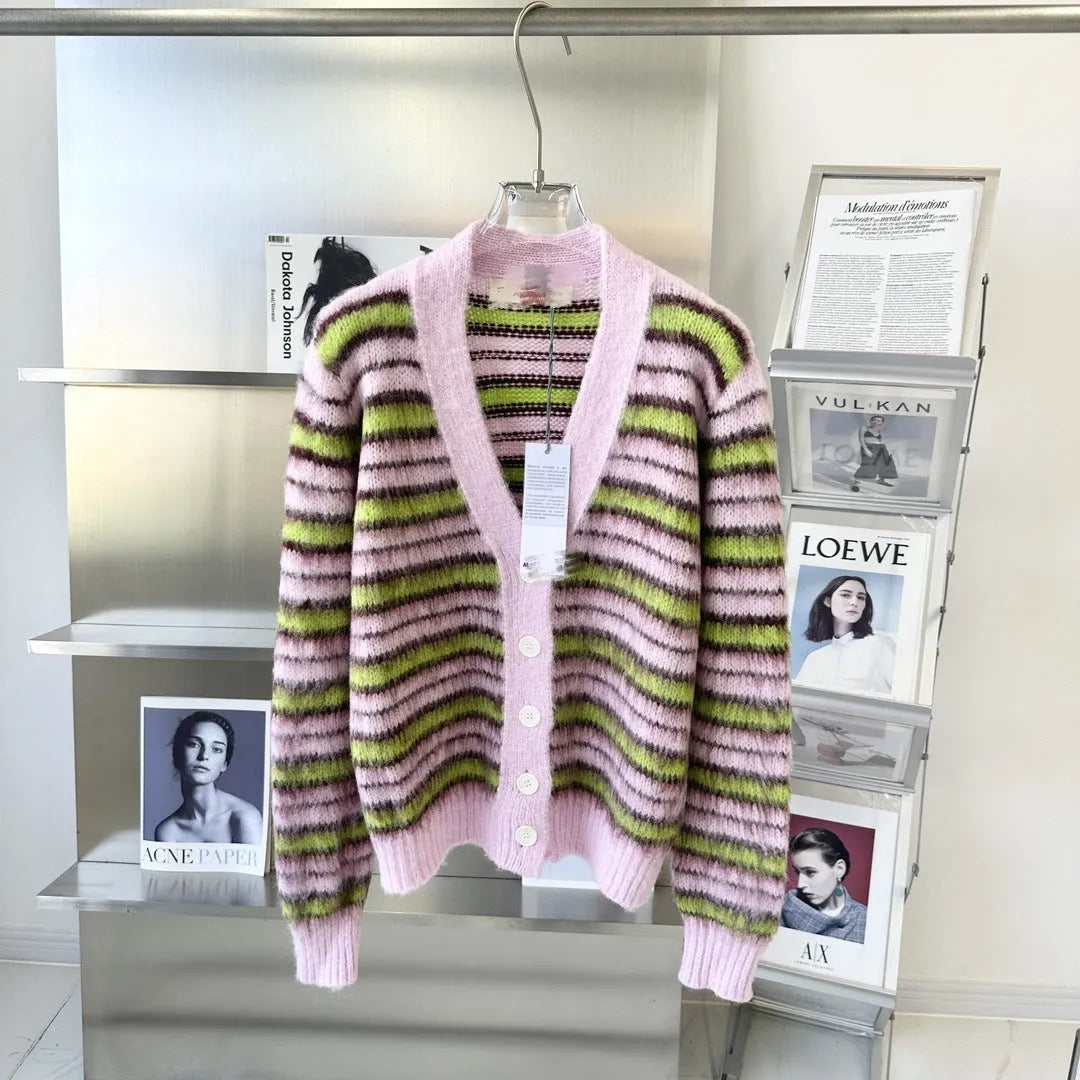 Pink wool knitted cardigan sweater with contrast colour detailing and regular sleeves