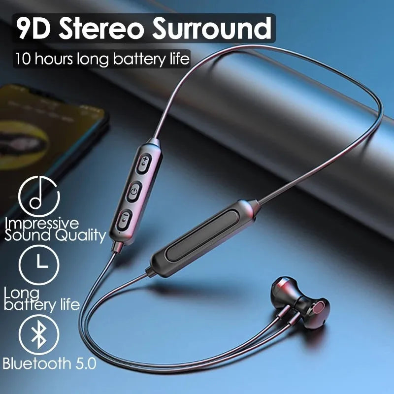 Black neck-mounted wireless sports earphones with Bluetooth connectivity for stereo audio