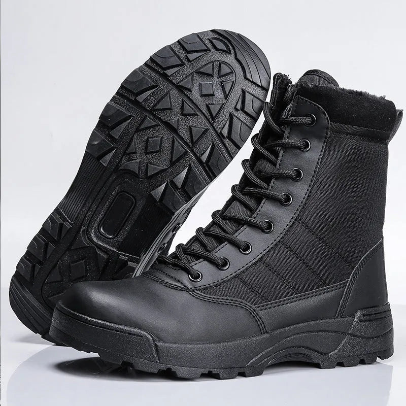 Desert combat boots in microfiber leather, black colour, side view with laced design