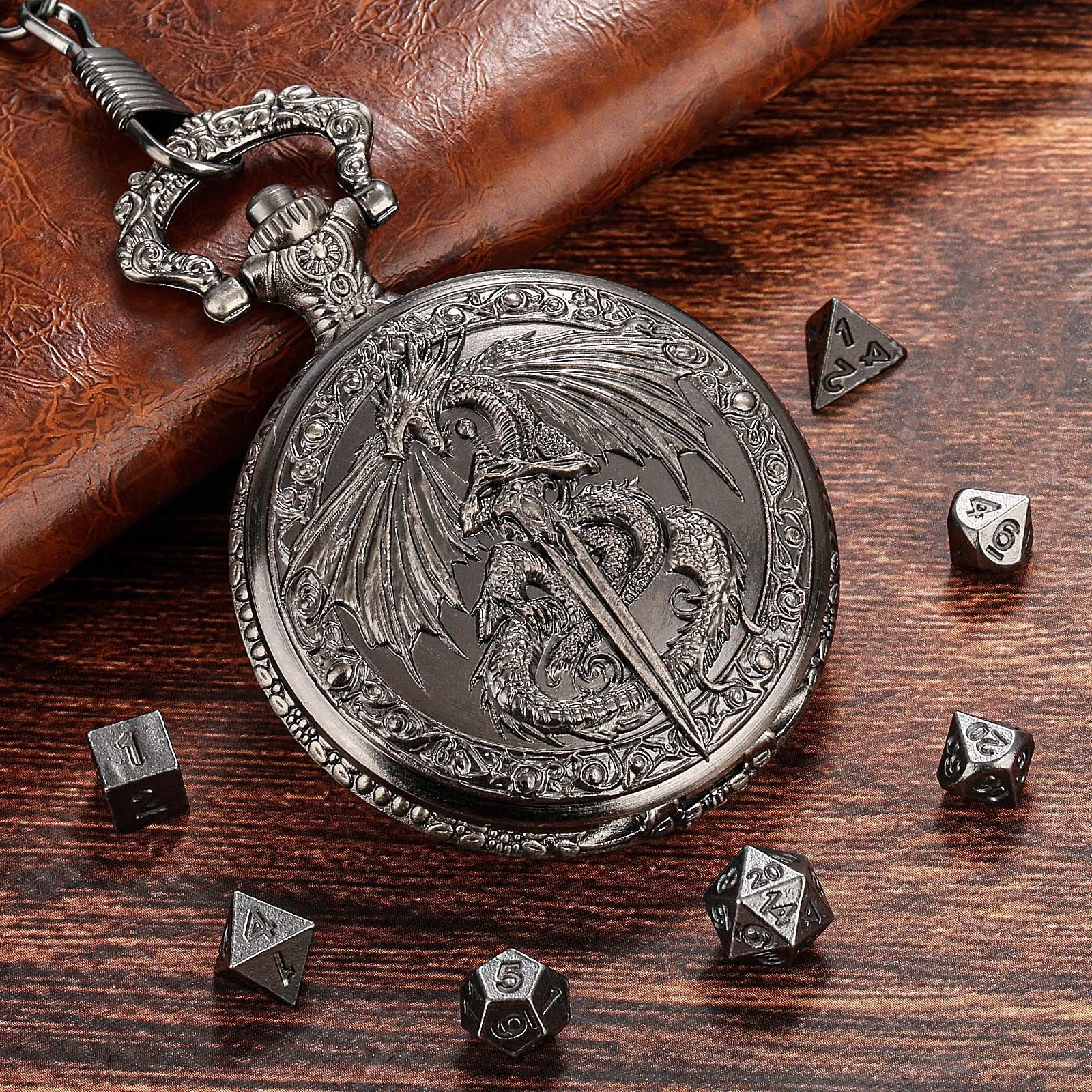 Zinc alloy DND dice storage case with winged beast relief, 5 cm size, in bronze finish