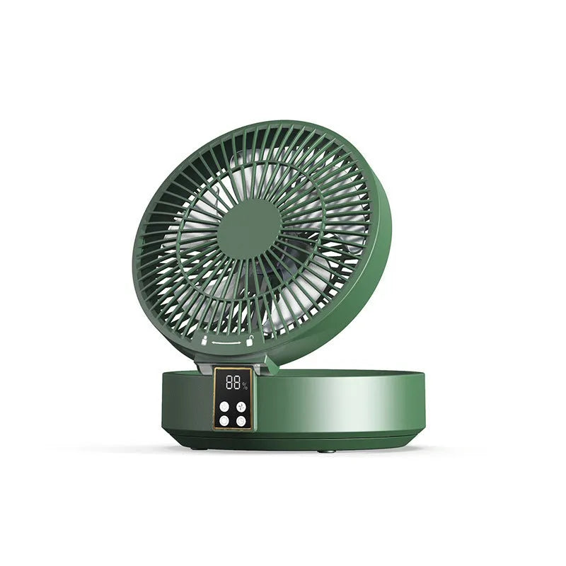 White portable electric fan with remote control showing folded design and night light function