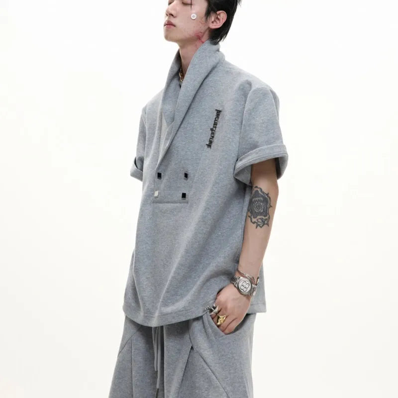 Men's cotton sports suit with V-neck jacket, padded shoulders, metal embellishments and matching shorts