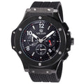 Men's quartz chronograph watch with black face and rose gold accents on silicone strap