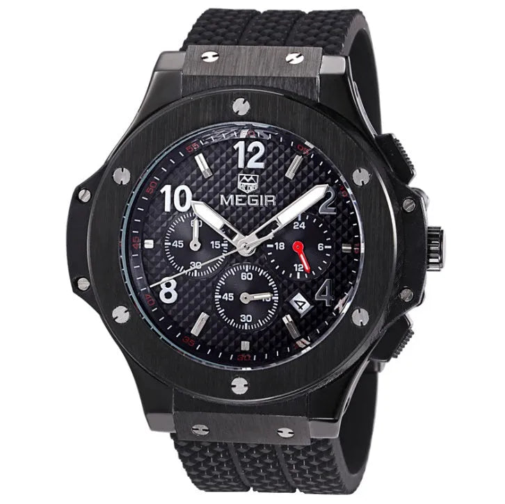 Men's quartz chronograph watch with black face and rose gold accents on silicone strap