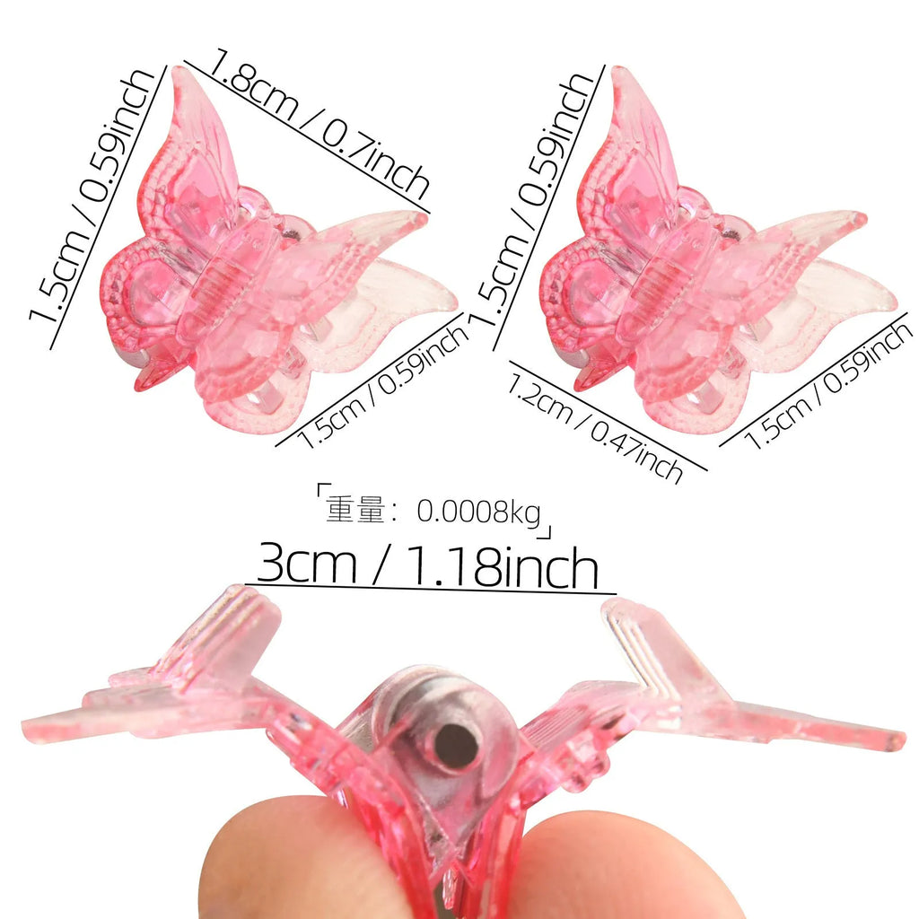 Assorted glitter butterfly hair claw clips showing multiple colours from 50-piece set with compact dimensions