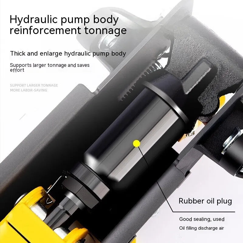 Horizontal hydraulic car jack with handle and compression member for low-profile vehicle tyre changes