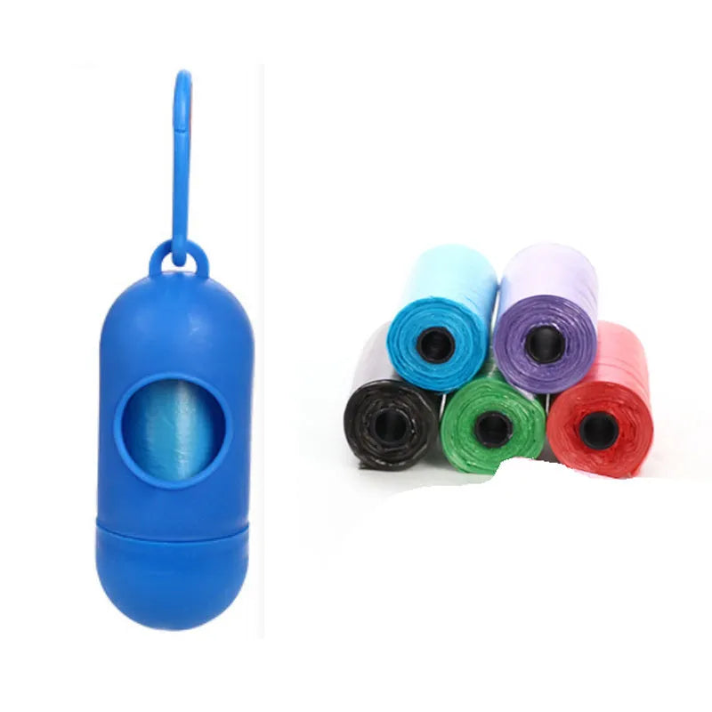 Roll of coloured disposable pet waste bags showing black, blue, green, light blue, pink, and purple options.